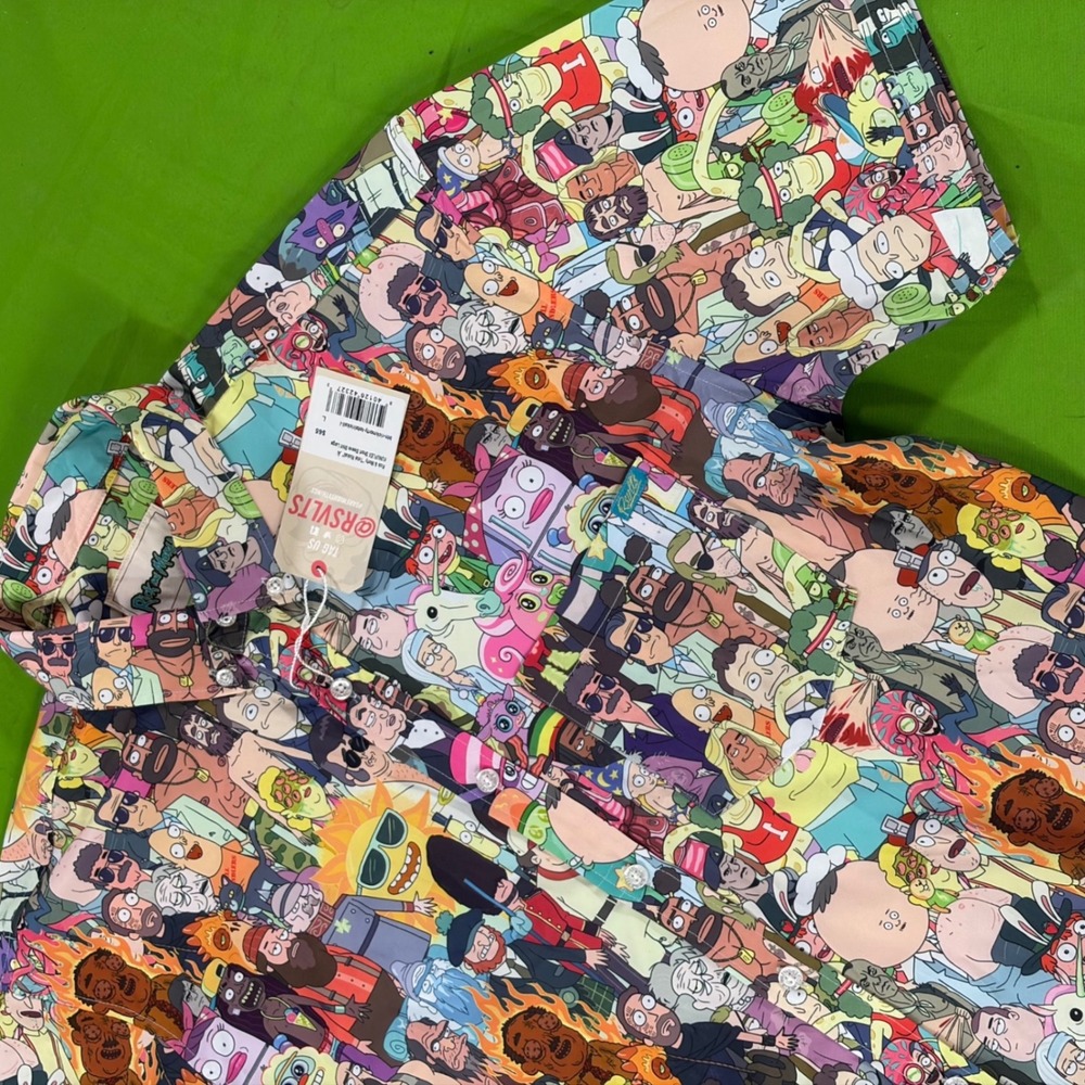 RSVLTS AOP Rick & Morty Touricks Attraction KUNUFLEX Shirt Mens L Button Up NWT